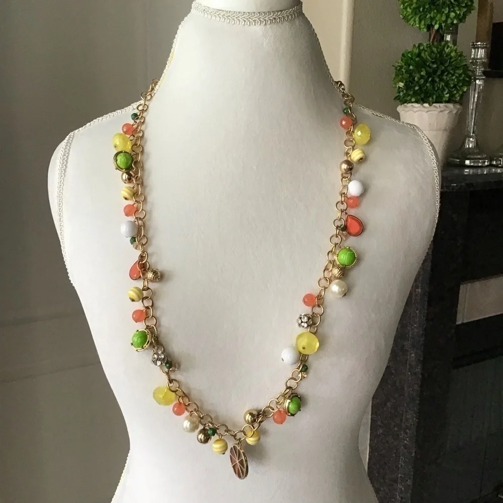 Citrus Baubles Necklace Orange Yellow White Green Gold Tone Beads Florida FL 35”